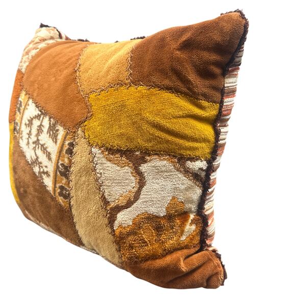 VTG Patchwork Throw Pillow 14” Brown Orange Yellow Striped Retro Boho Velour 70s - Picture 5 of 16